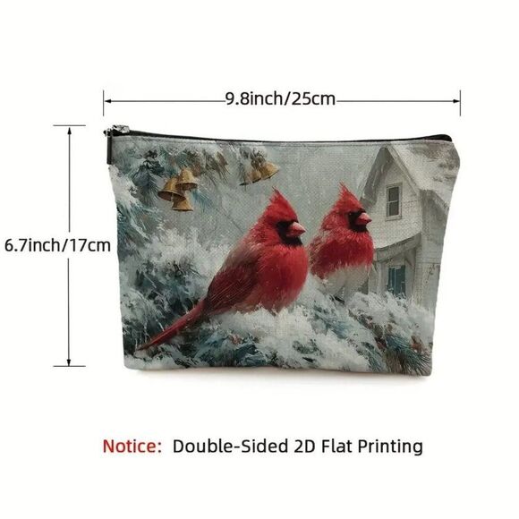 Christmas Winter Cardinals & Snowy House Travel Makeup Bag Double Sided Printed - Picture 2 of 2